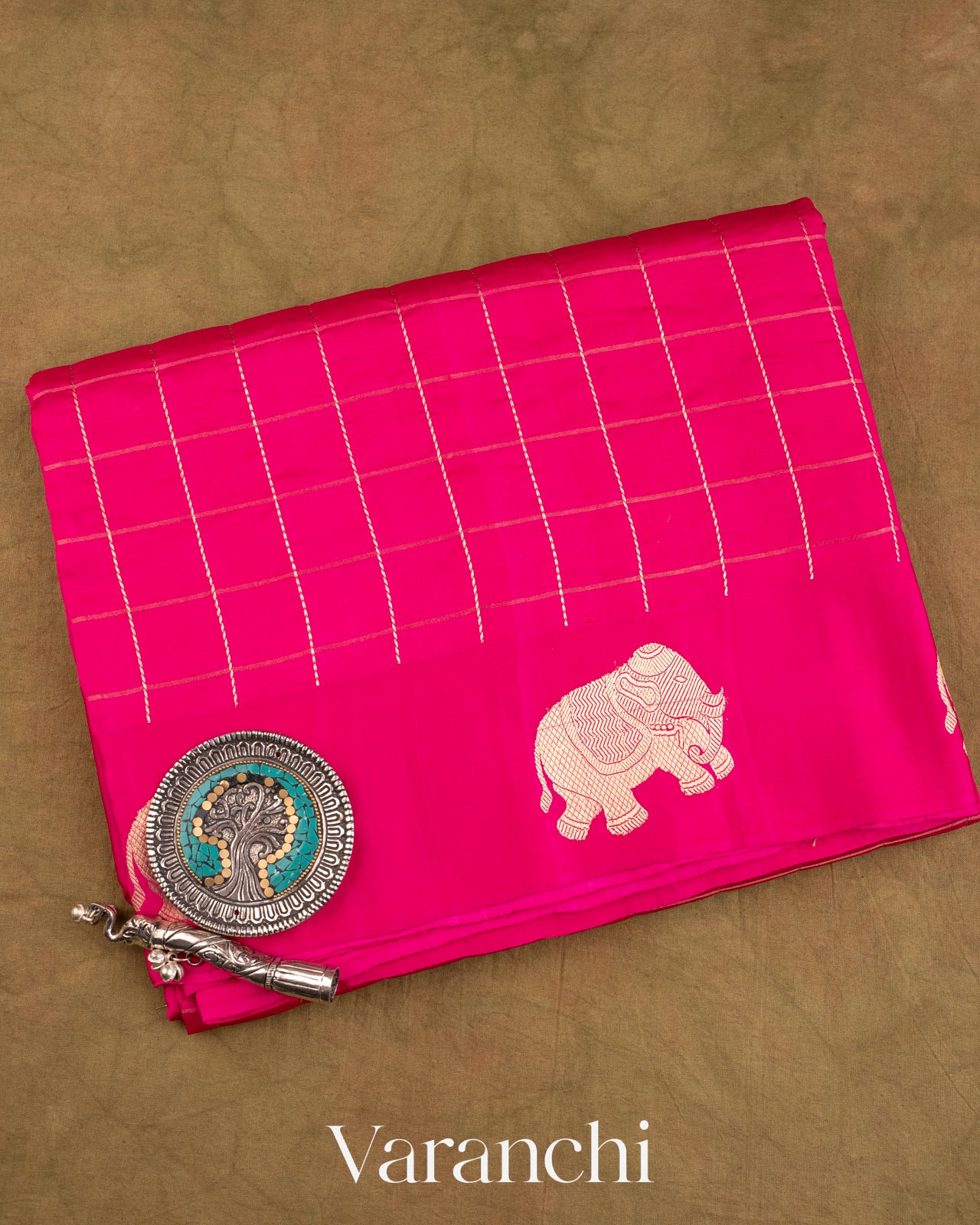 Bright Rani Pink Checks Pure Raw Mango Silk Handloom Saree