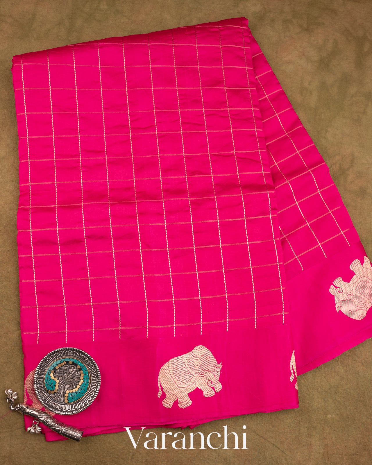 Bright Rani Pink Checks Pure Raw Mango Silk Handloom Saree