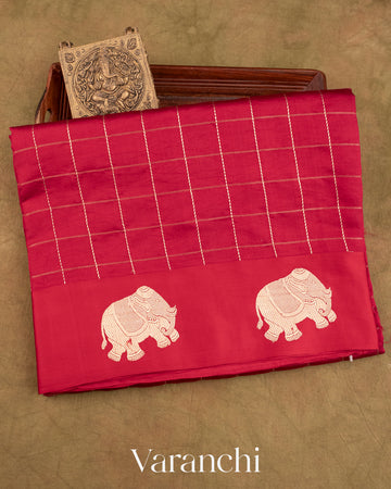 Deep Red Checks Pure Raw Mango Silk Handloom Saree
