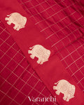 Deep Red Checks Pure Raw Mango Silk Handloom Saree