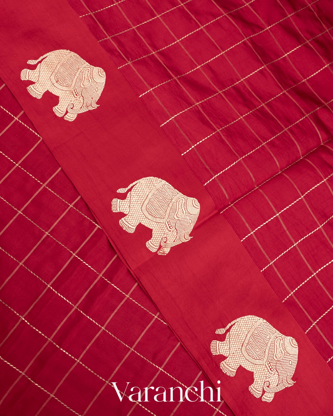 Deep Red Checks Pure Raw Mango Silk Handloom Saree