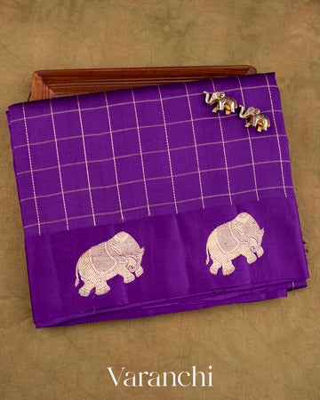 Purple Checks Pure Raw Mango Silk Handloom Saree