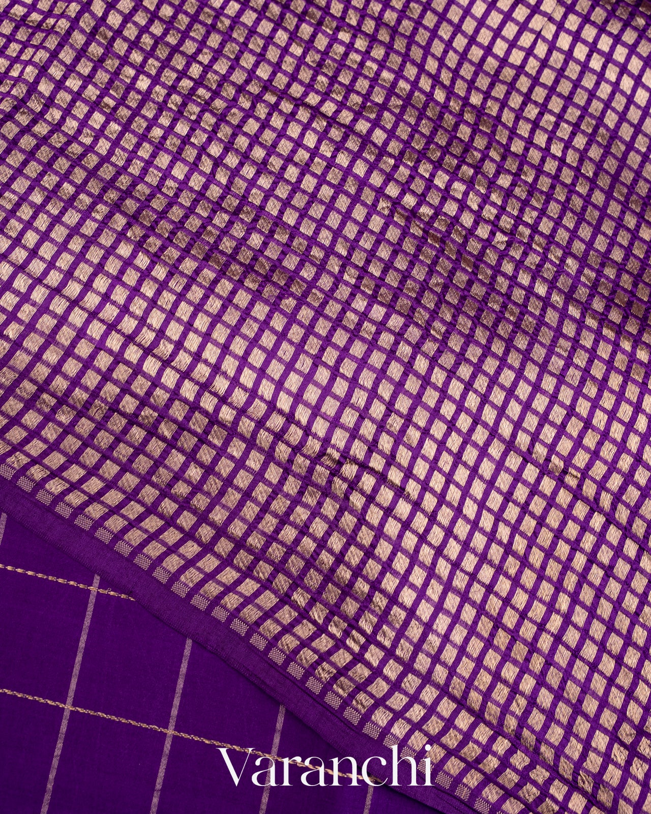 Purple Checks Pure Raw Mango Silk Handloom Saree
