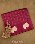 Dark Maroon Checks Pure Raw Mango Silk Handloom Saree