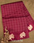 Dark Maroon Checks Pure Raw Mango Silk Handloom Saree