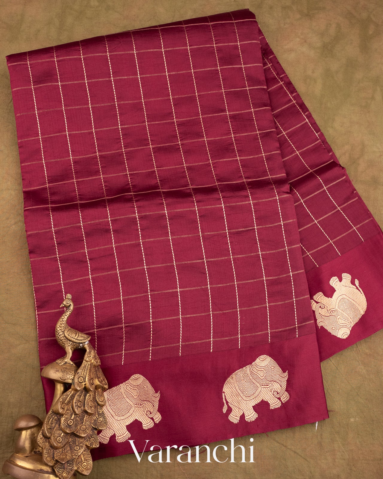 Dark Maroon Checks Pure Raw Mango Silk Handloom Saree