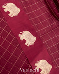 Dark Maroon Checks Pure Raw Mango Silk Handloom Saree