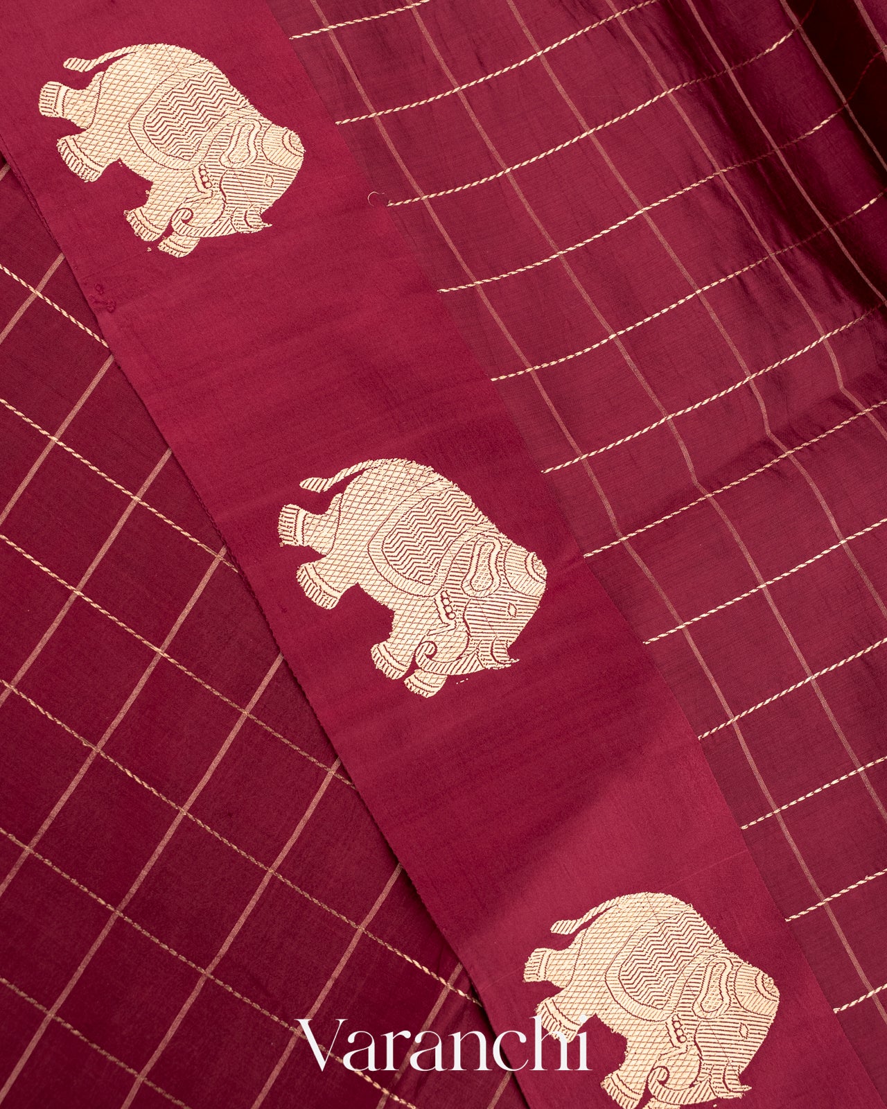 Dark Maroon Checks Pure Raw Mango Silk Handloom Saree