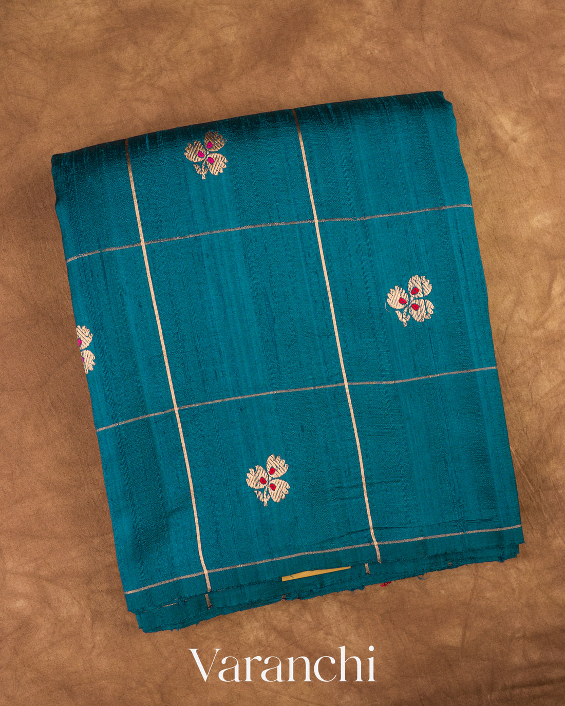 Peacock Blue Checks Raw Silk Handloom Saree