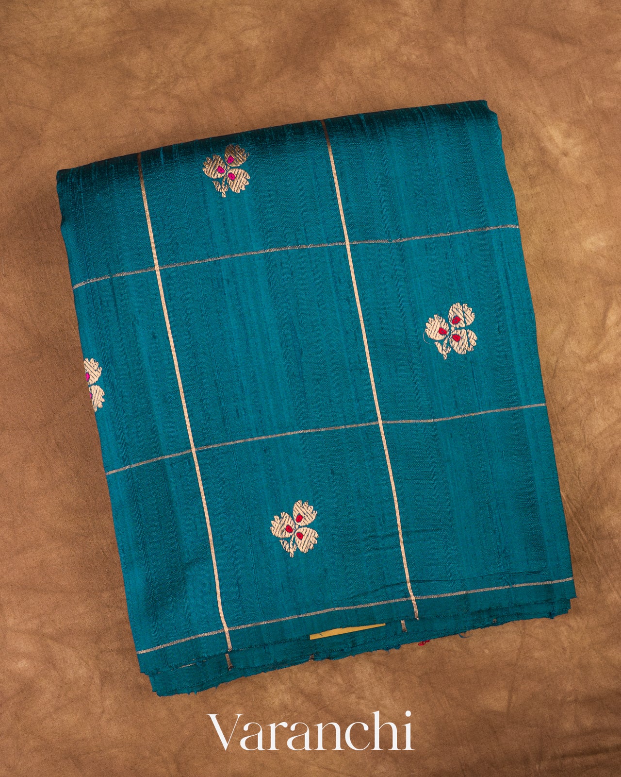 Peacock Blue Checks Raw Silk Handloom Saree