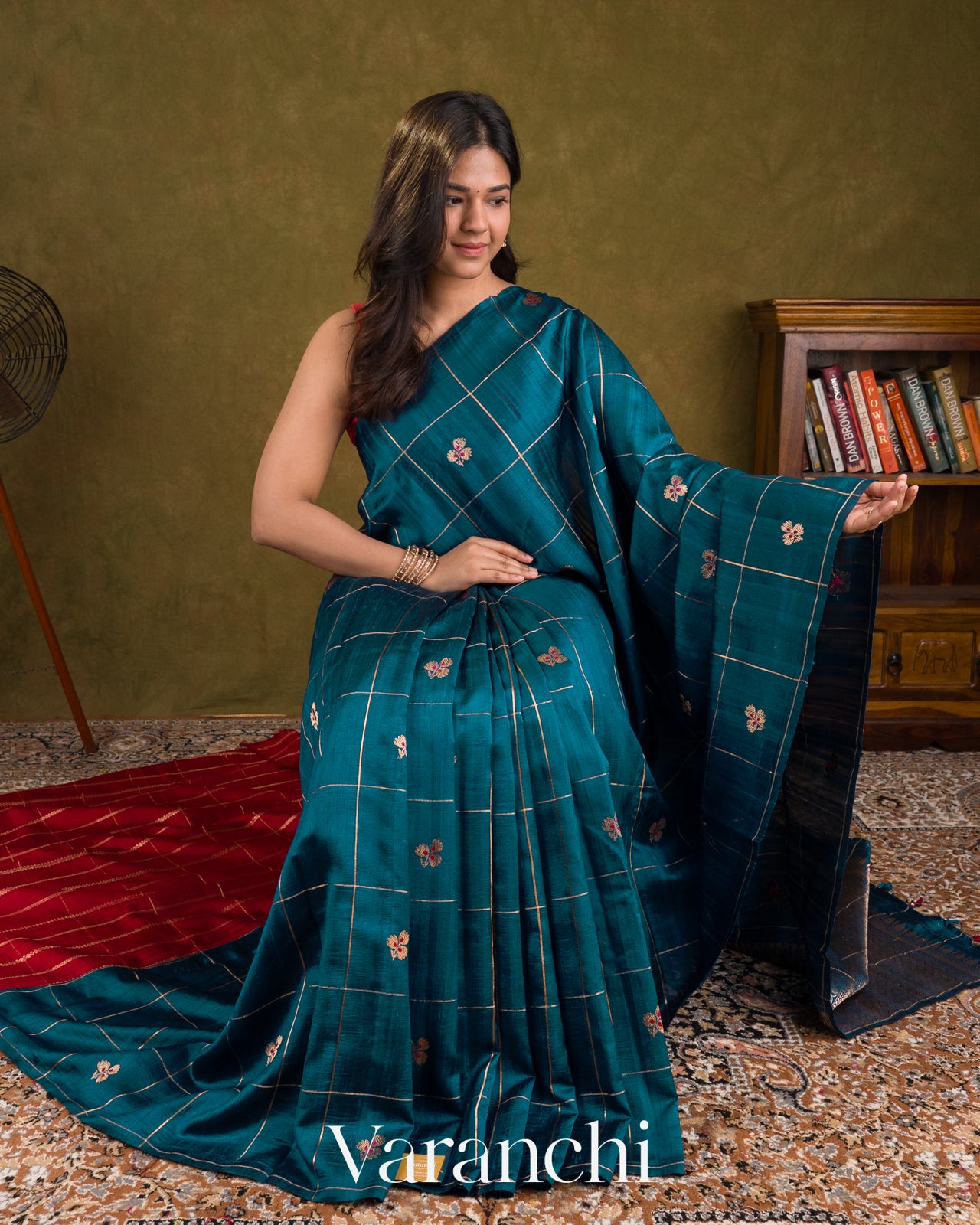 Peacock Blue Checks Raw Silk Handloom Saree