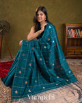 Peacock Blue Checks Raw Silk Handloom Saree