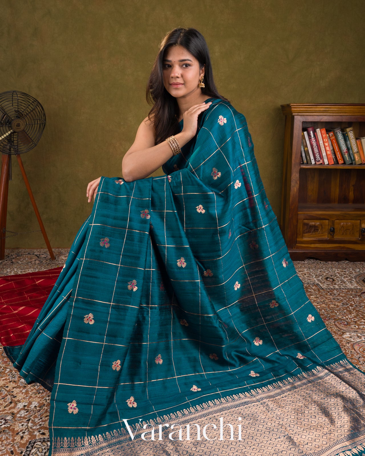 Peacock Blue Checks Raw Silk Handloom Saree
