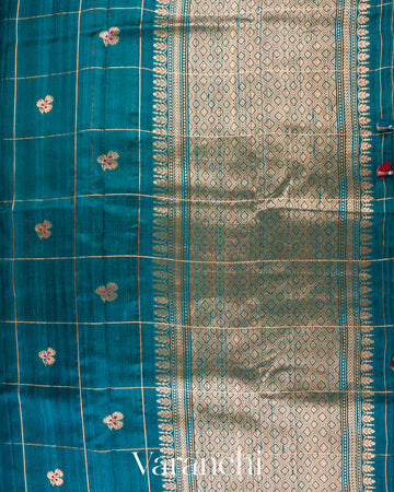 Peacock Blue Checks Raw Silk Handloom Saree