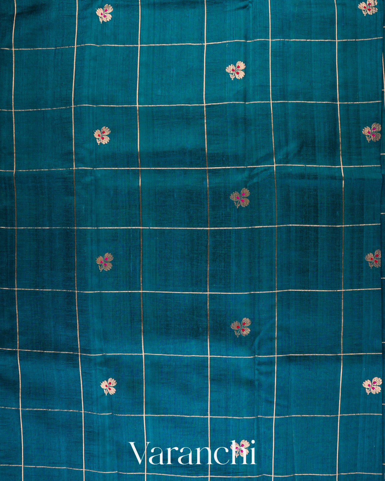 Peacock Blue Checks Raw Silk Handloom Saree