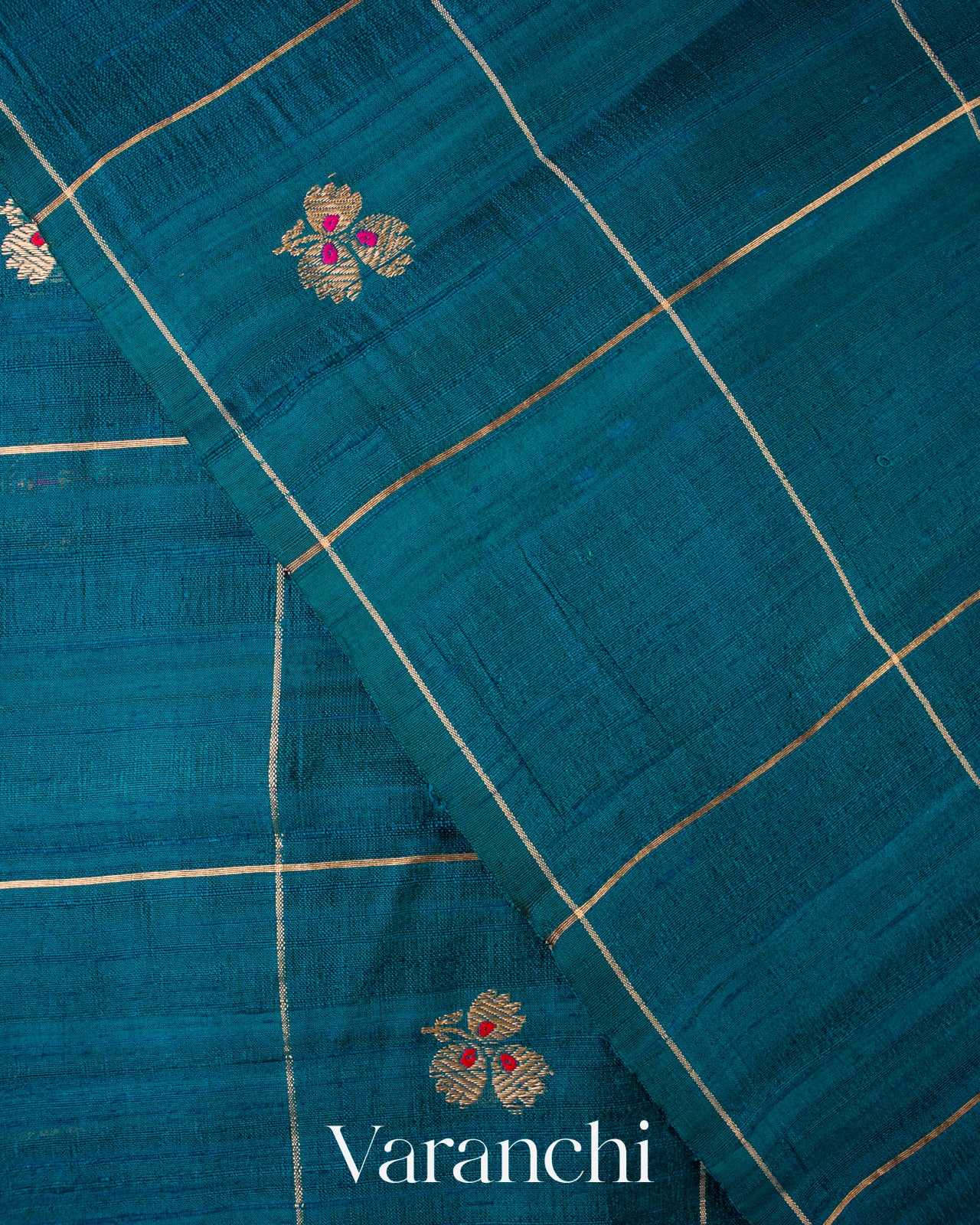 Peacock Blue Checks Raw Silk Handloom Saree