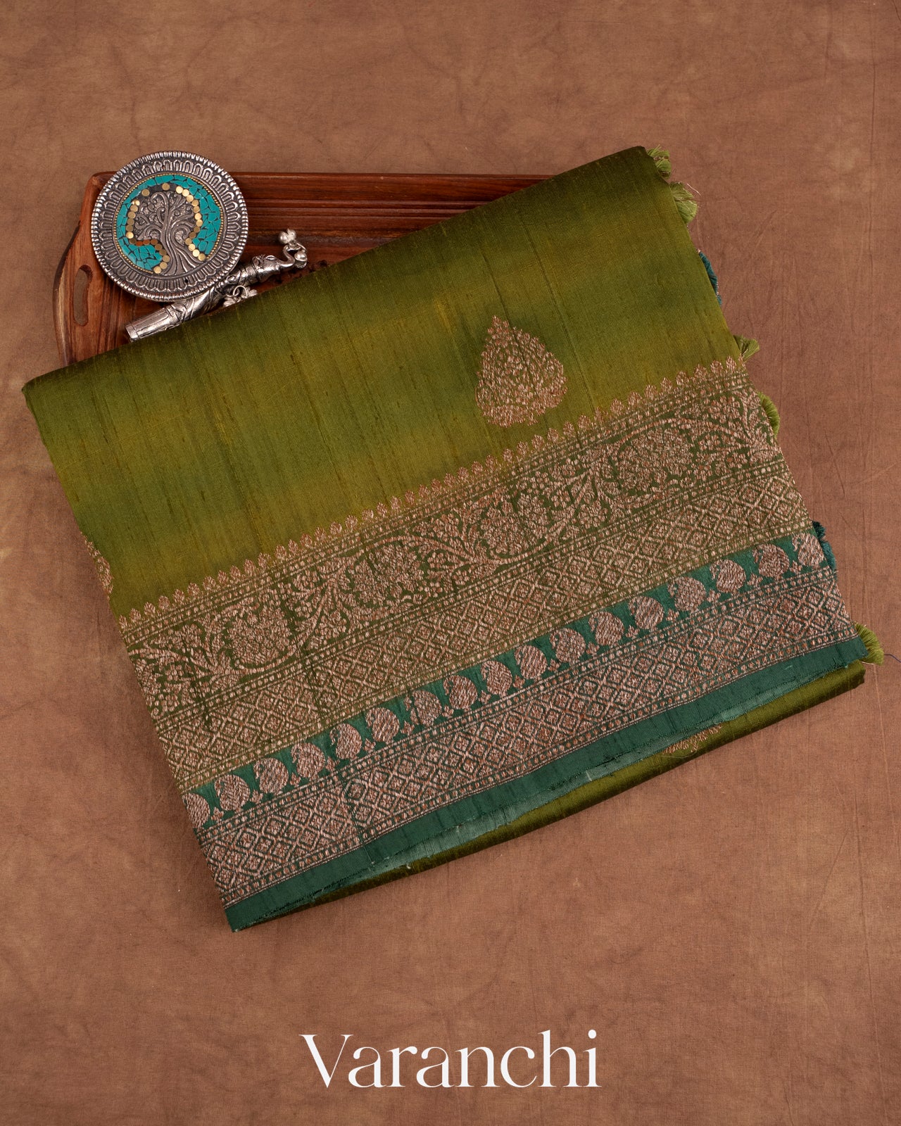 Olive Green Shibori with Spade Motif Pure Raw Silk Handloom Saree