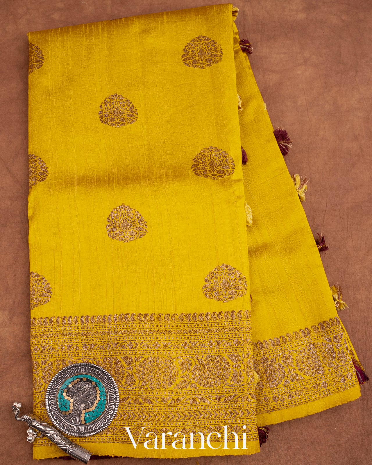 Olive Yellow Raw Silk Handloom Saree
