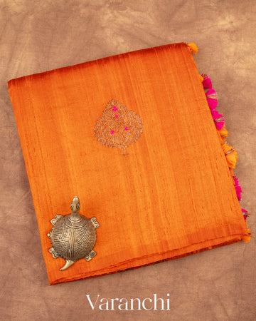 Marigold Orange Borderless Pure Raw Silk Handloom Saree