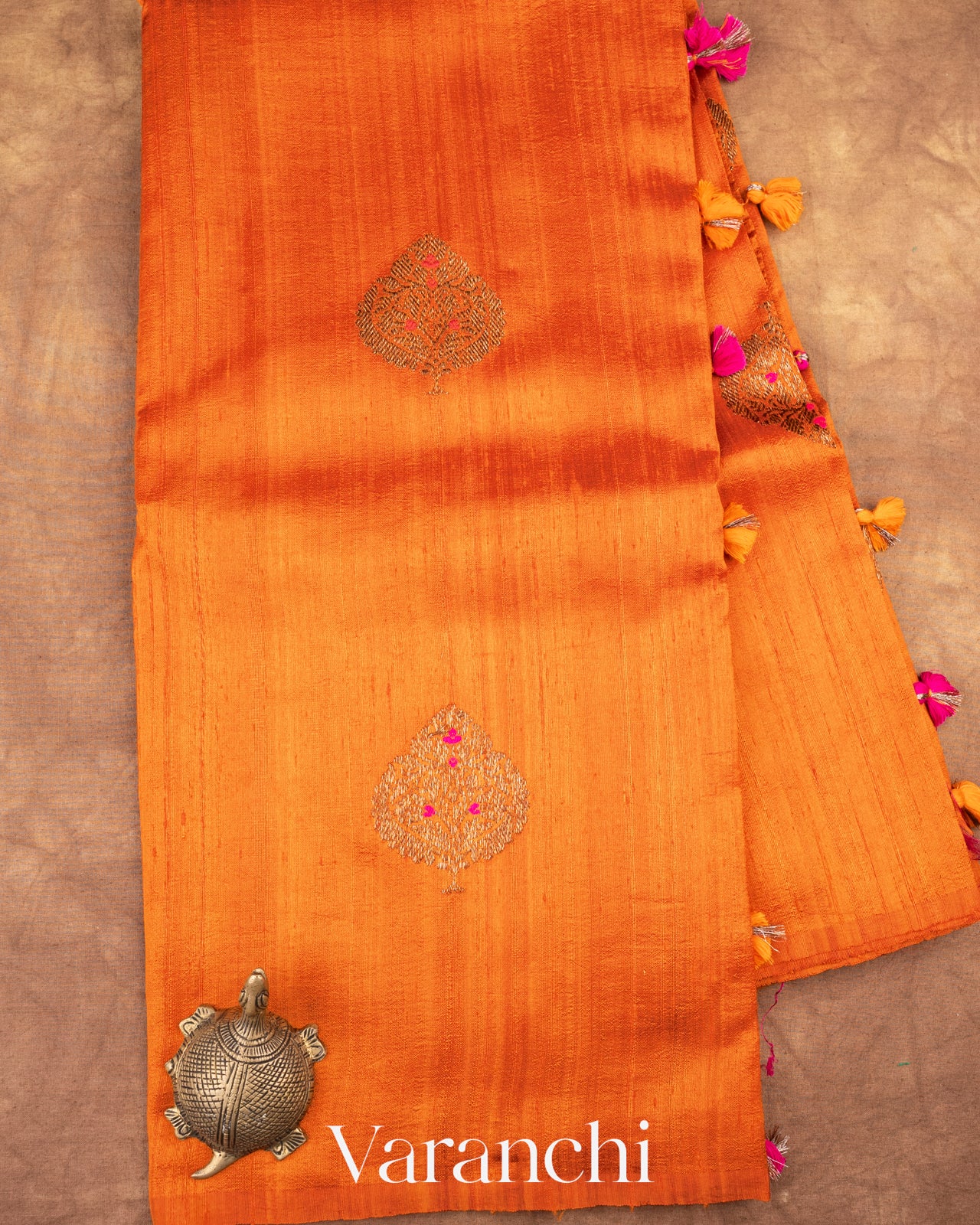 Marigold Orange Borderless Pure Raw Silk Handloom Saree