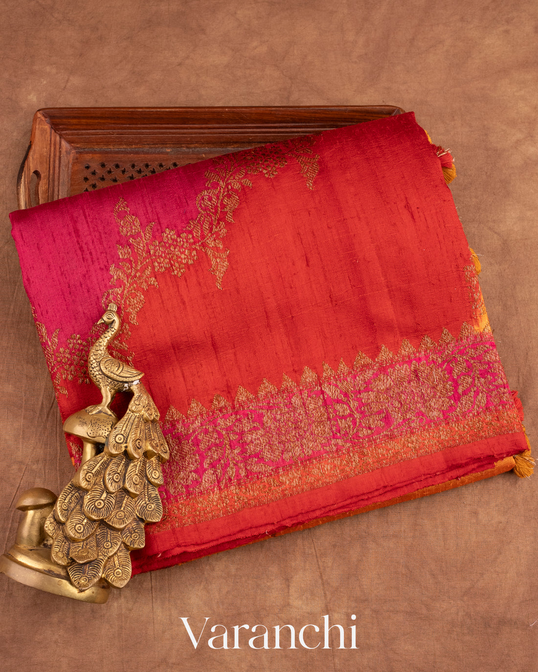 Red and Yellow Tricolour Rangkaat Pure Raw Silk Handloom Saree