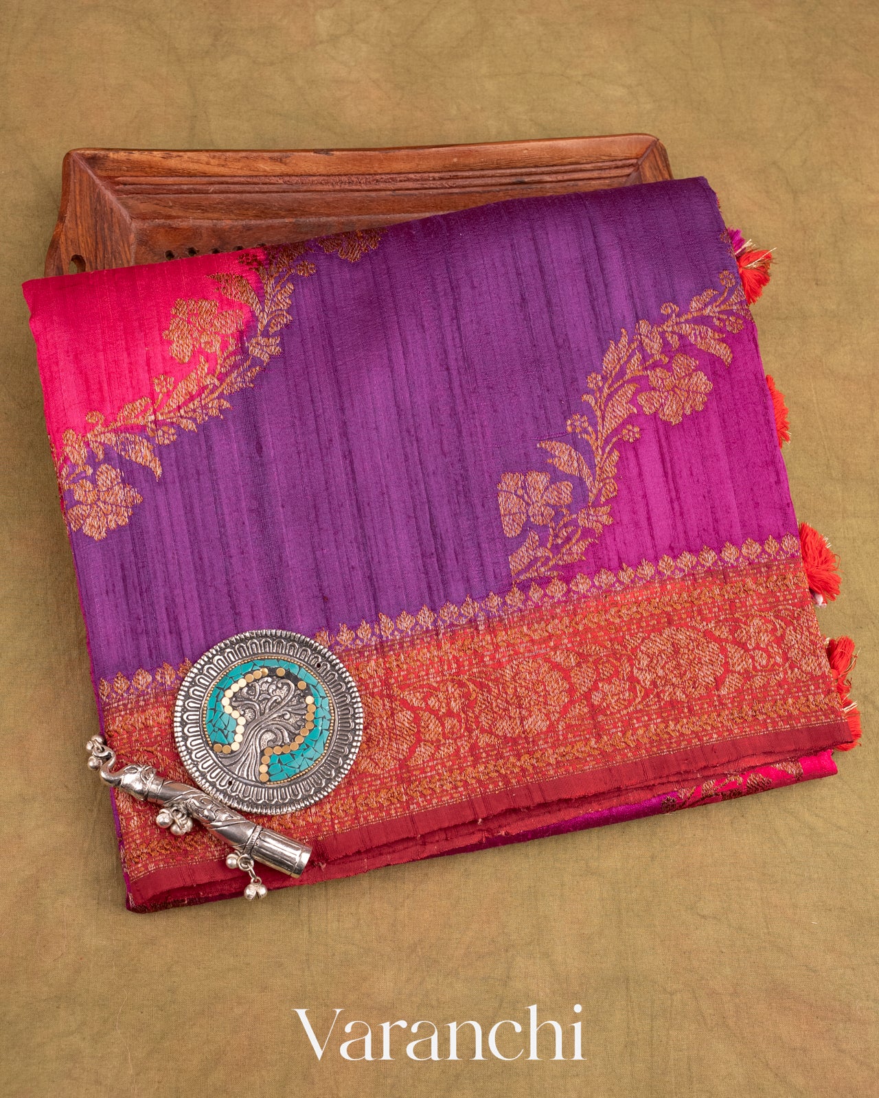 Violet Tricolour Rangkaat Pure Raw Silk Handloom Saree
