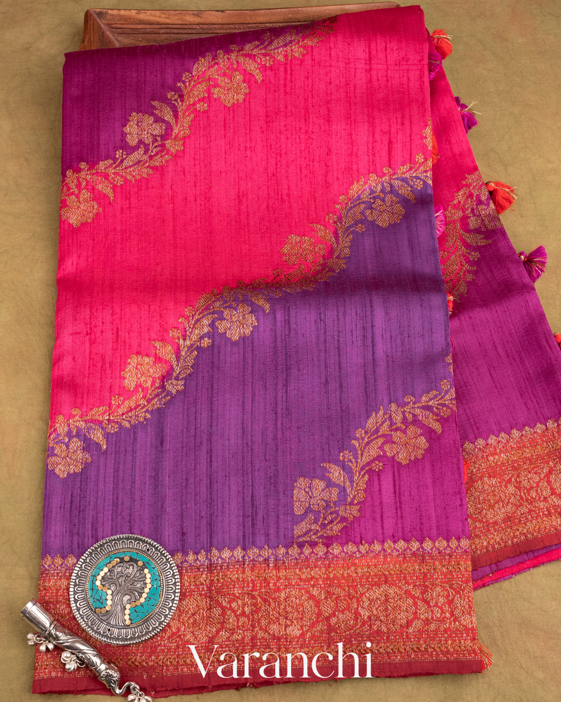 Violet Tricolour Rangkaat Pure Raw Silk Handloom Saree