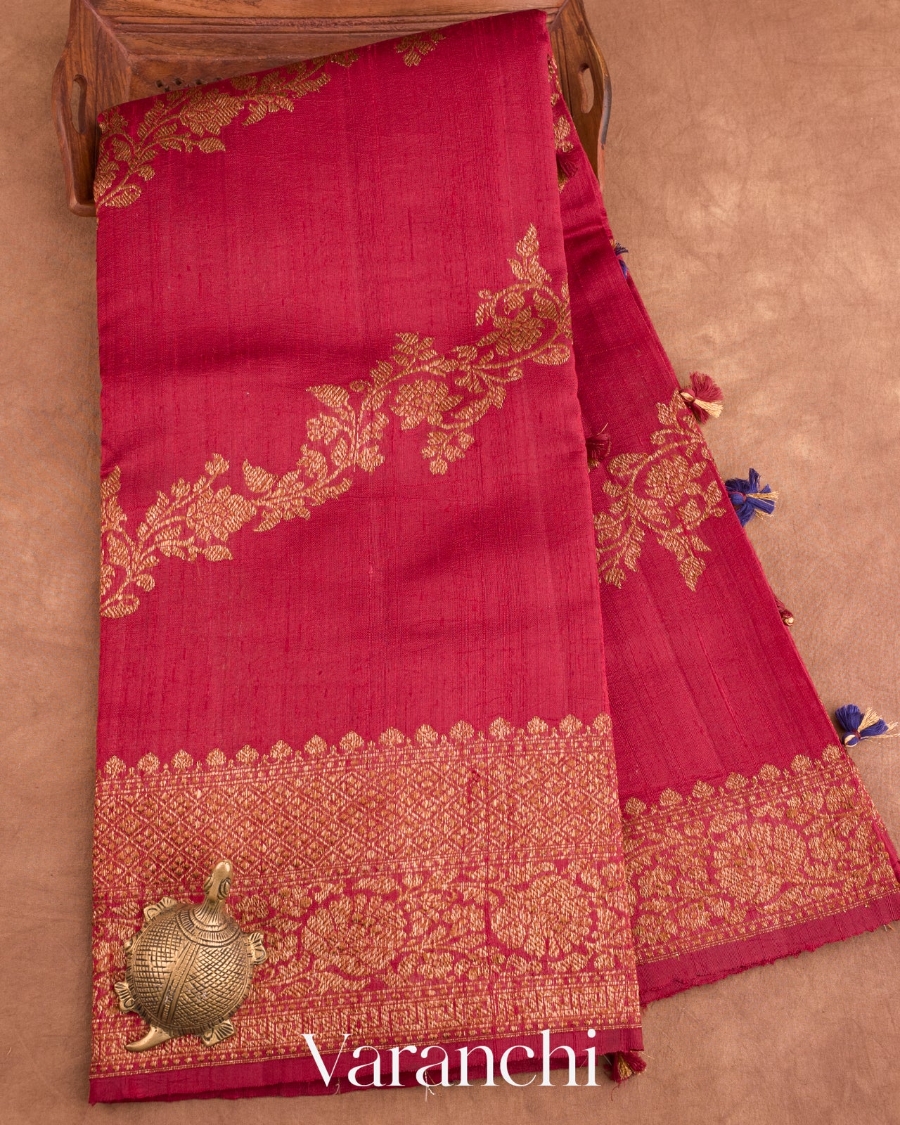 Deep Red Lehariya Pure Raw Silk Handloom Saree