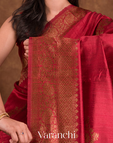 Deep Red Lehariya Pure Raw Silk Handloom Saree
