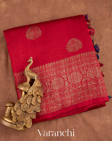 Crimson Red Pure Raw Silk Handloom Saree