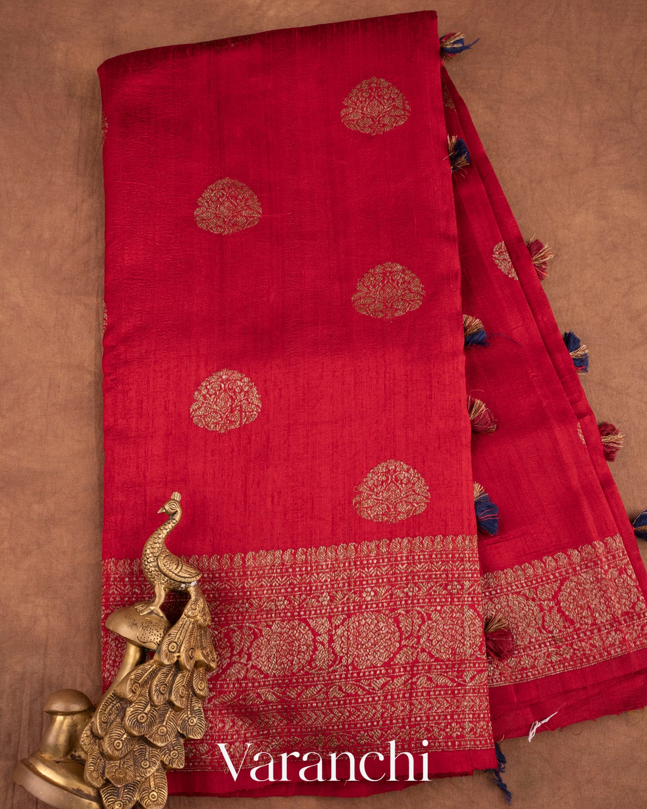 Crimson Red Pure Raw Silk Handloom Saree