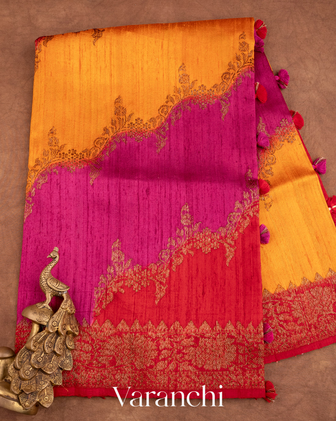 Rani Pink and Yellow Tricolour Rangkaat Pure Raw Silk Handloom Saree