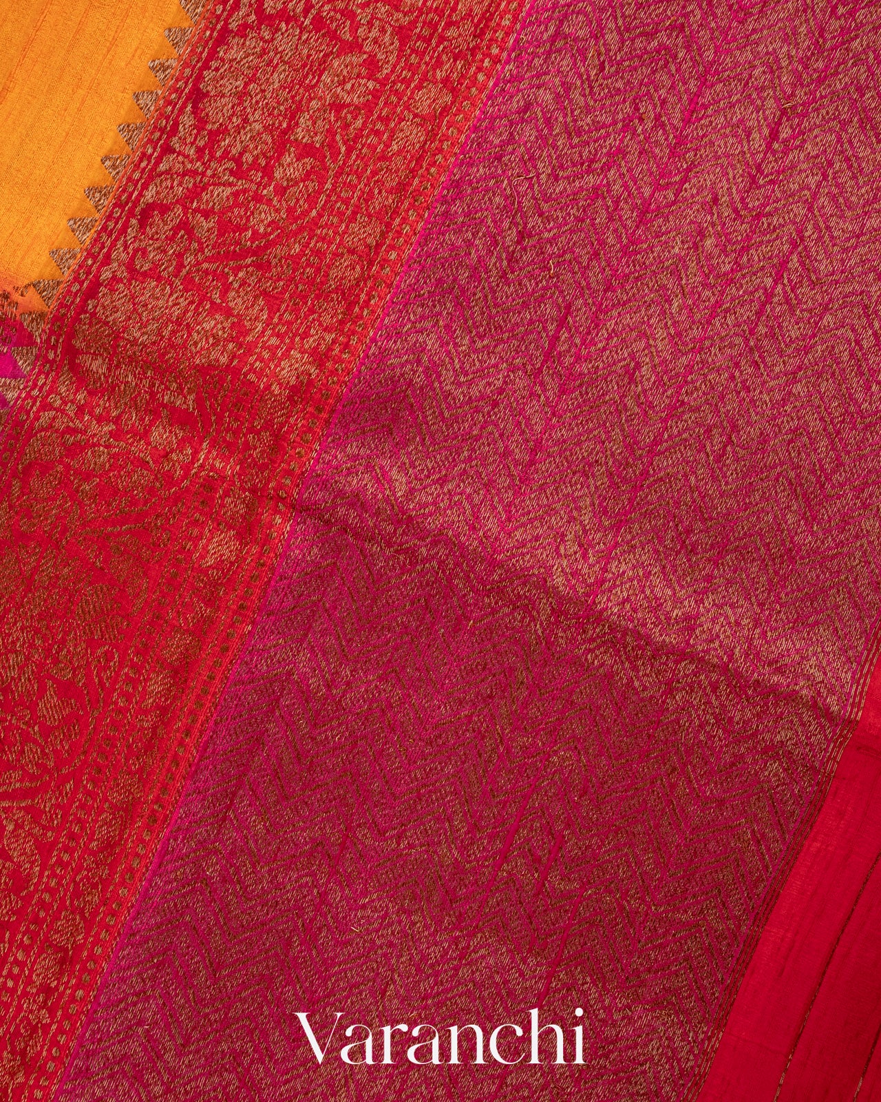 Rani Pink and Yellow Tricolour Rangkaat Pure Raw Silk Handloom Saree