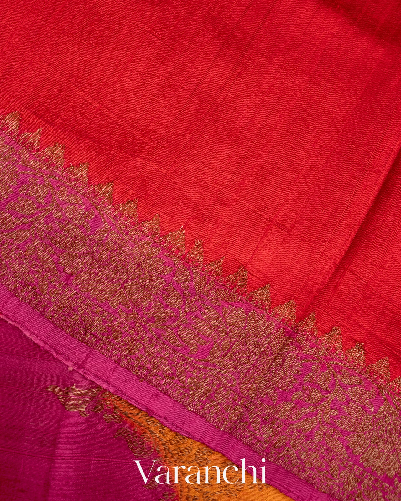 Rani Pink and Yellow Tricolour Rangkaat Pure Raw Silk Handloom Saree
