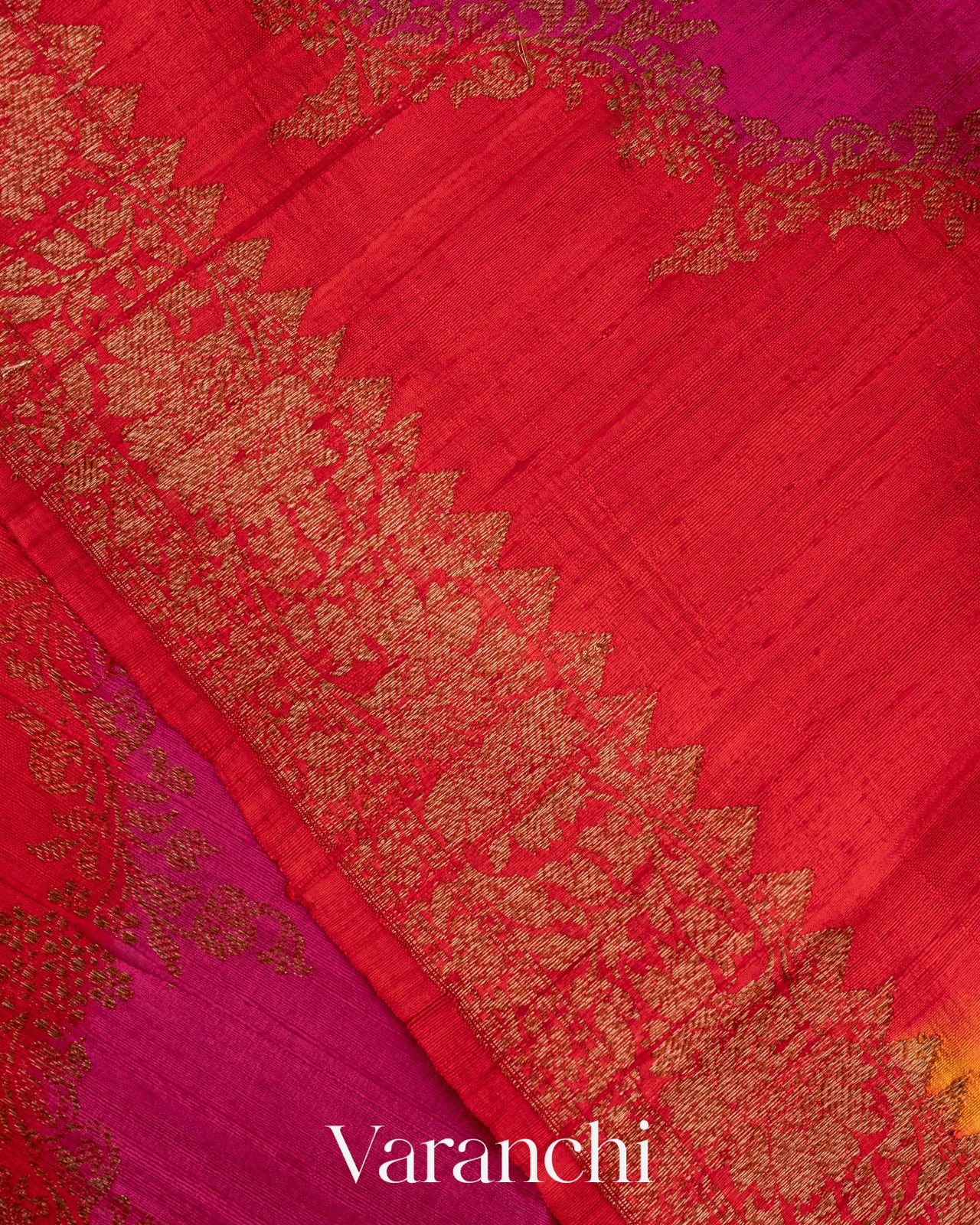 Rani Pink and Yellow Tricolour Rangkaat Pure Raw Silk Handloom Saree