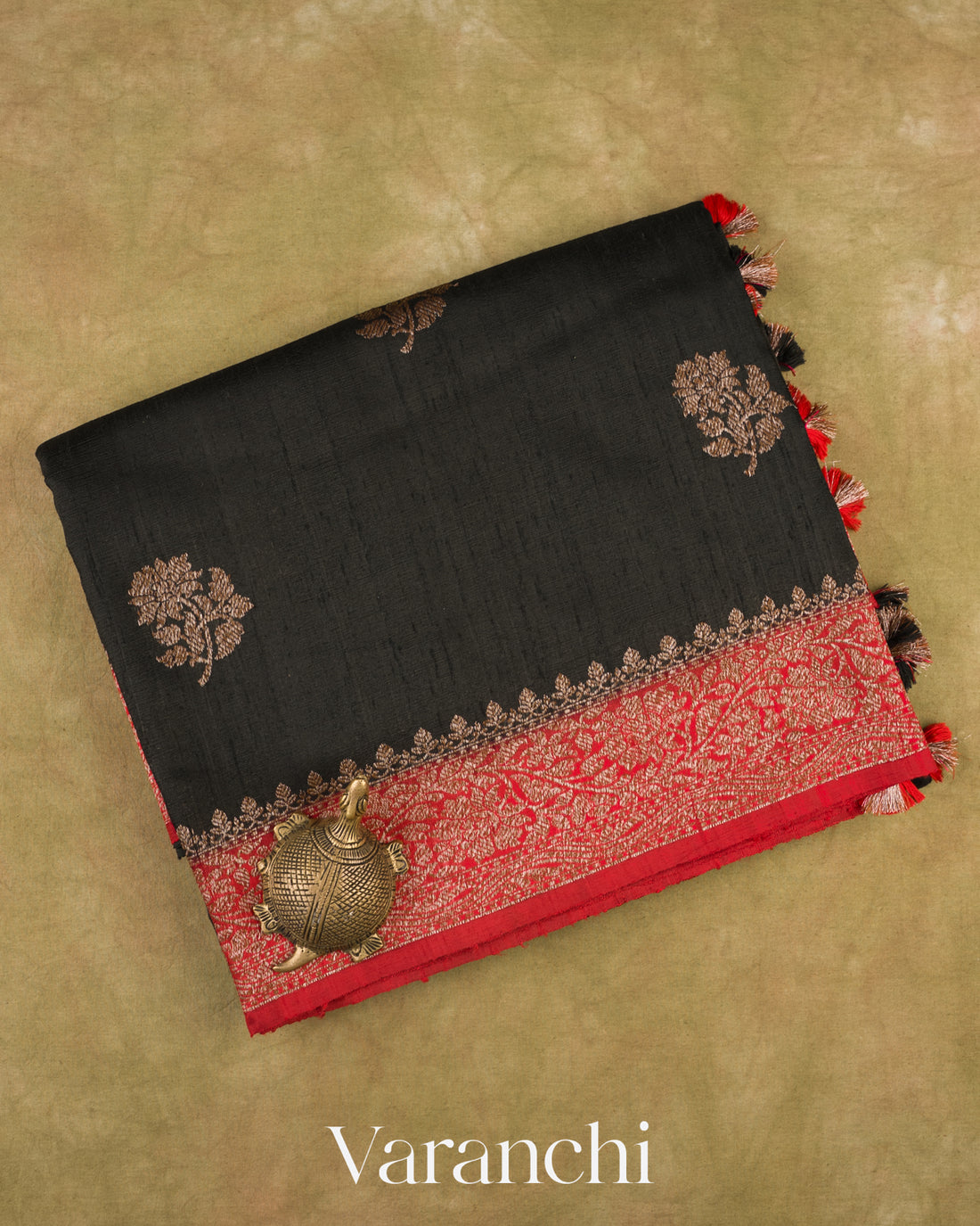 Jet Black Pure Raw Silk Handloom Saree