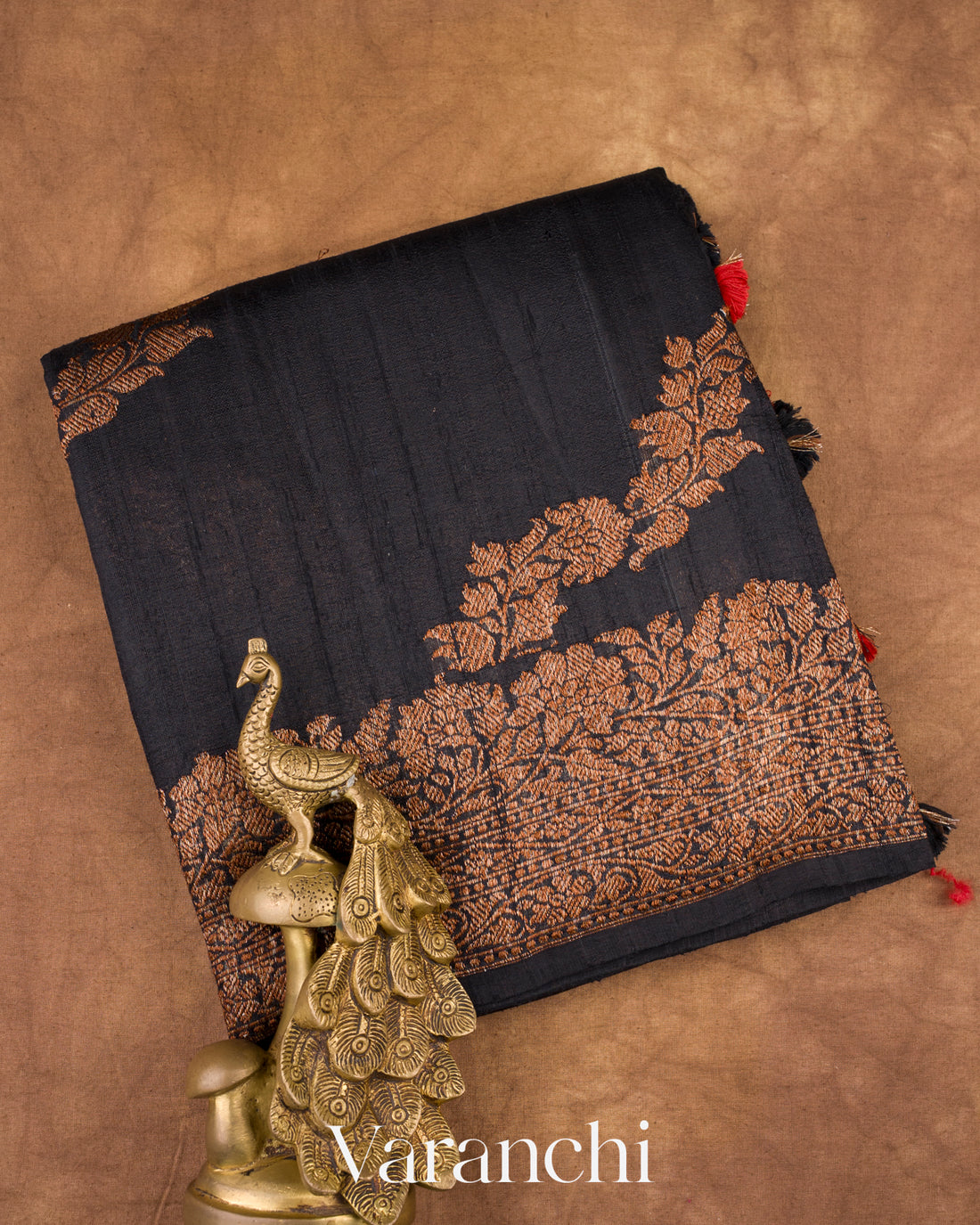 Deep Black Leheriya Pure Raw Silk Handloom Saree
