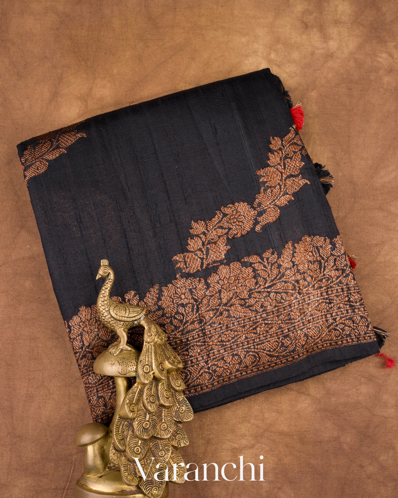 Deep Black Leheriya Pure Raw Silk Handloom Saree