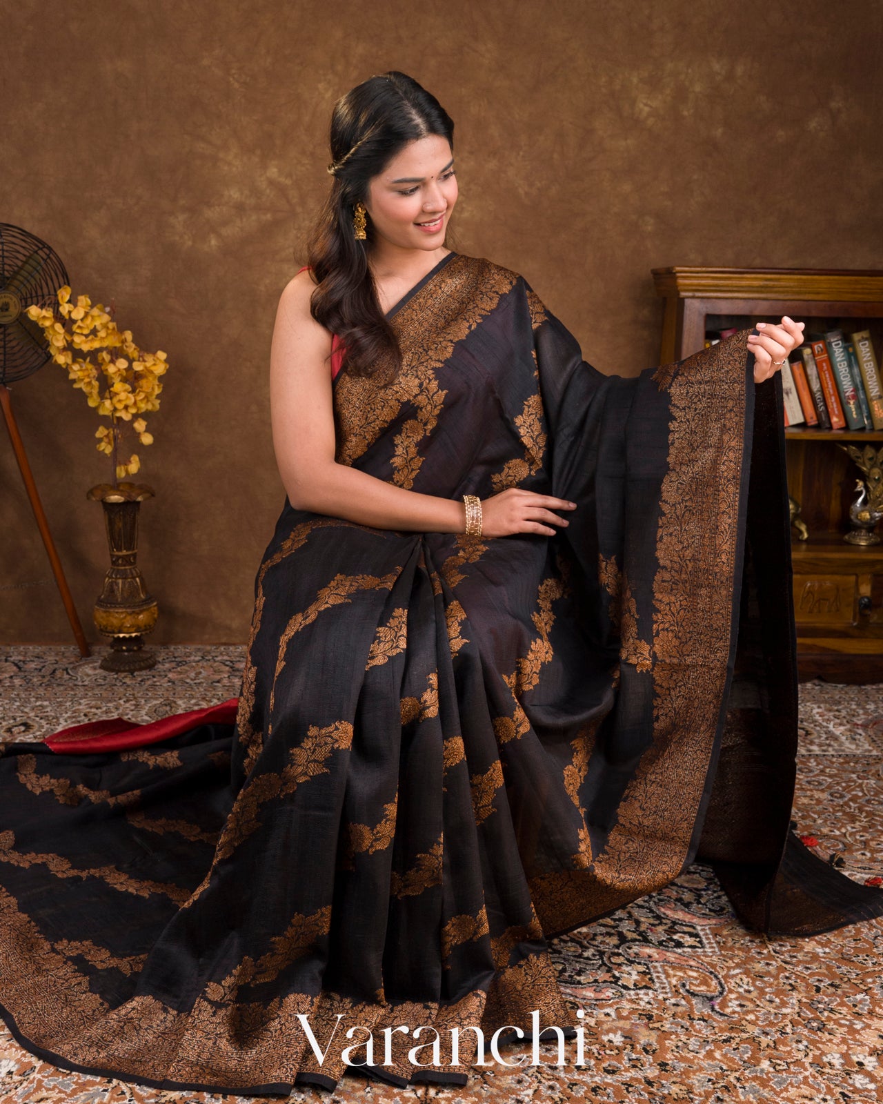 Deep Black Leheriya Pure Raw Silk Handloom Saree