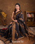 Deep Black Leheriya Pure Raw Silk Handloom Saree