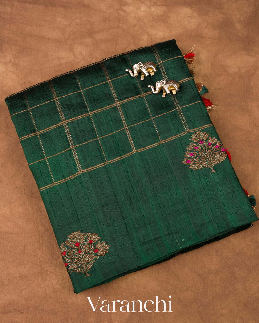 Bottle Green Checks Pure Raw Silk Handloom Saree