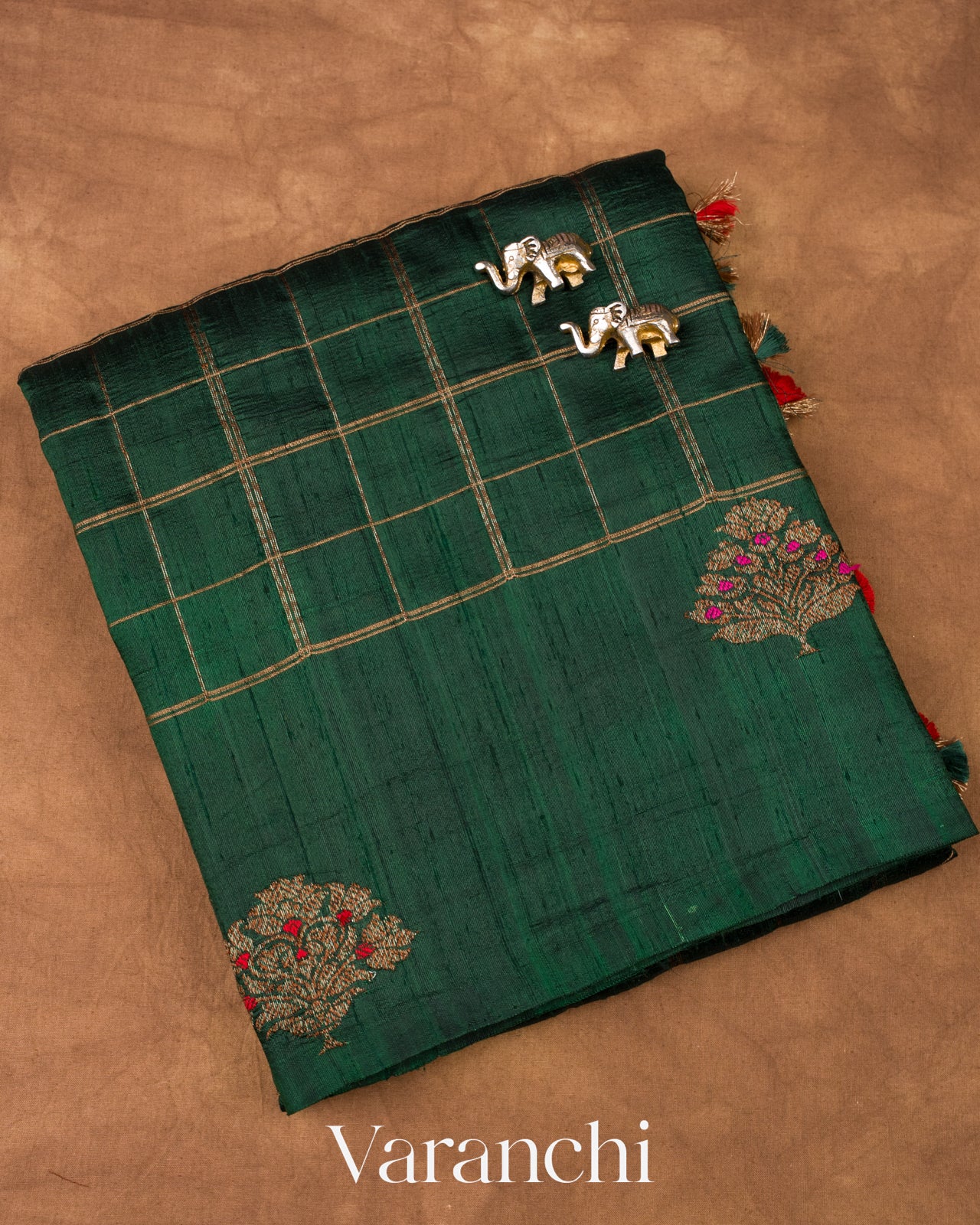 Bottle Green Checks Pure Raw Silk Handloom Saree