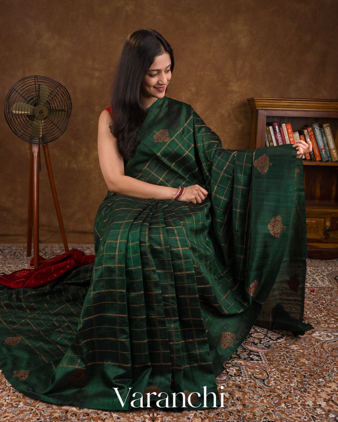 Bottle Green Checks Pure Raw Silk Handloom Saree