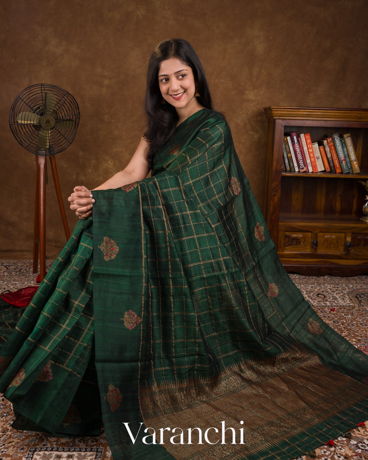 Bottle Green Checks Pure Raw Silk Handloom Saree