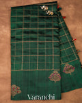Bottle Green Checks Pure Raw Silk Handloom Saree