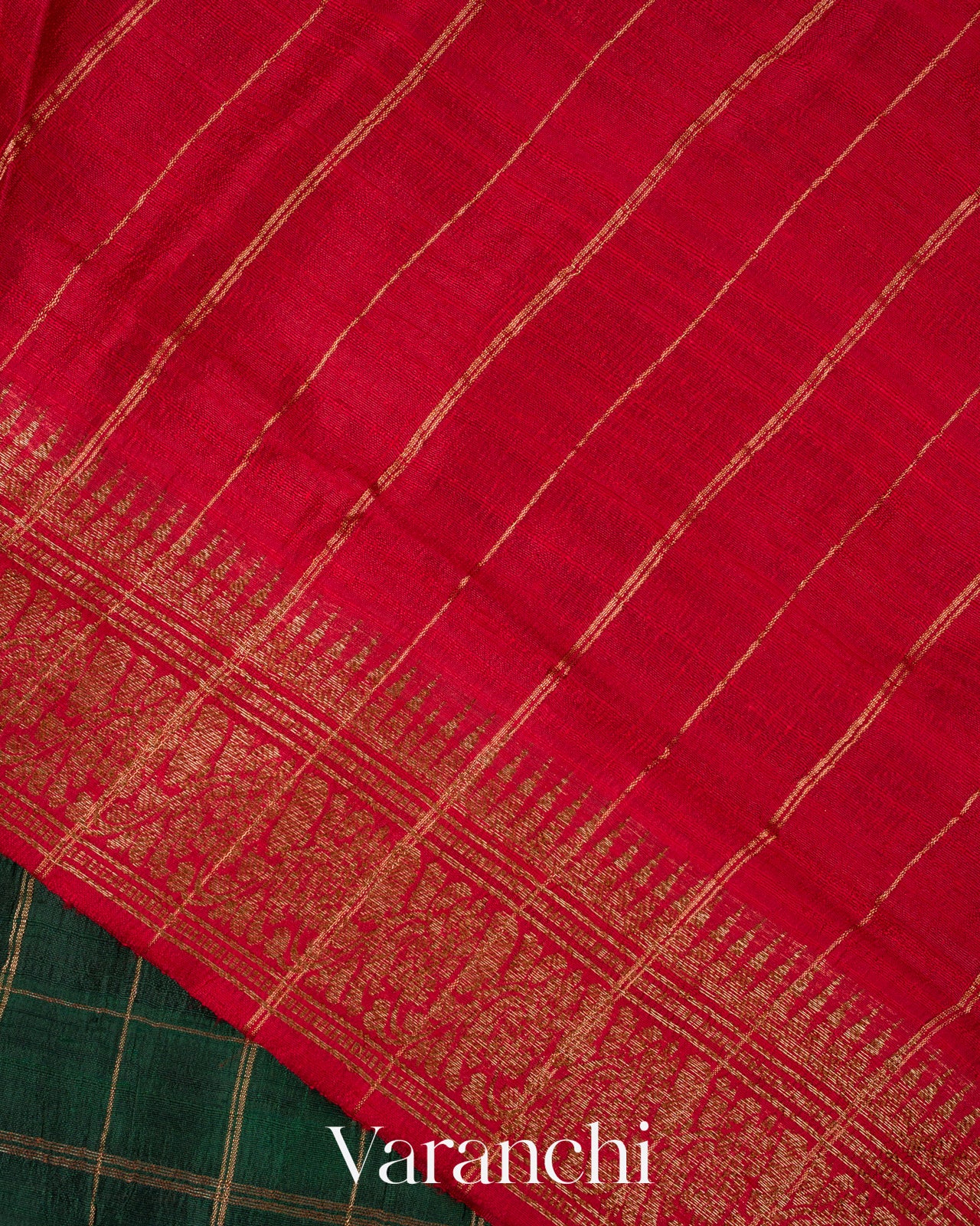 Bottle Green Checks Pure Raw Silk Handloom Saree