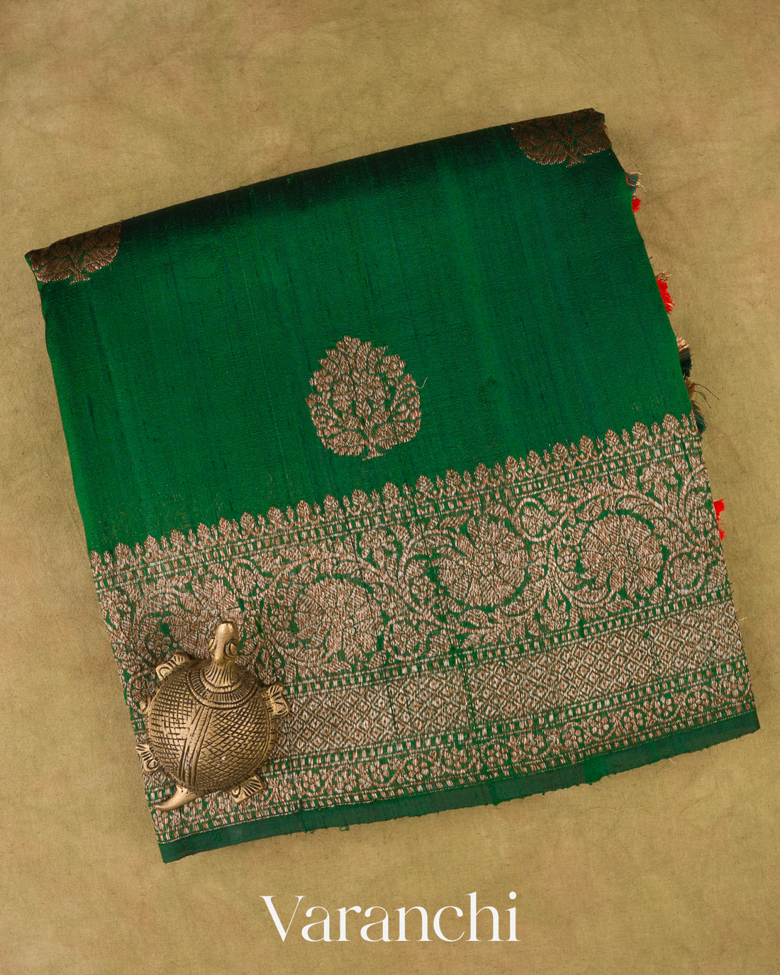 Dark Green with Red Pure Raw Silk Handloom Saree