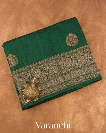 Dark Green and Rani Pink Pure Raw Silk Handloom Saree