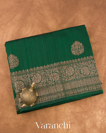 Dark Green with Rani Pink Pure Raw Silk Handloom Saree