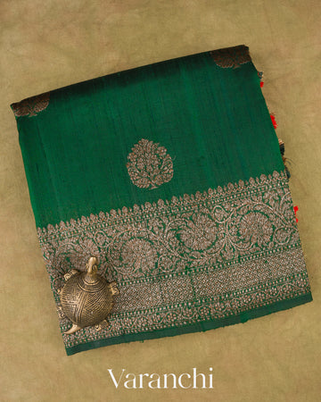 Dark Green with Red Pure Raw Silk Handloom Saree